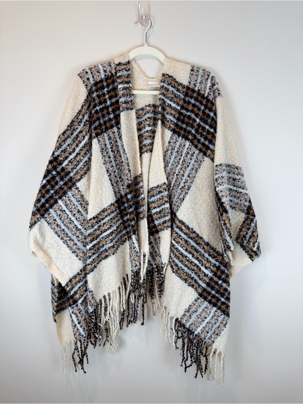 Cozy Cream Plaid Fringe Open-Front Poncho OS